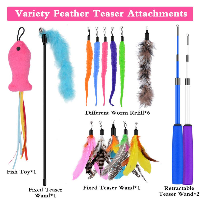 [Australia] - Oziral Cat Teaser, 15PCS Retractable Cat Toy Feather Teaser Cat Toy Cat Wand Feather Interactive Toys with Bells and Feather Refills Set for Indoor Cat and Kitten Exercise 