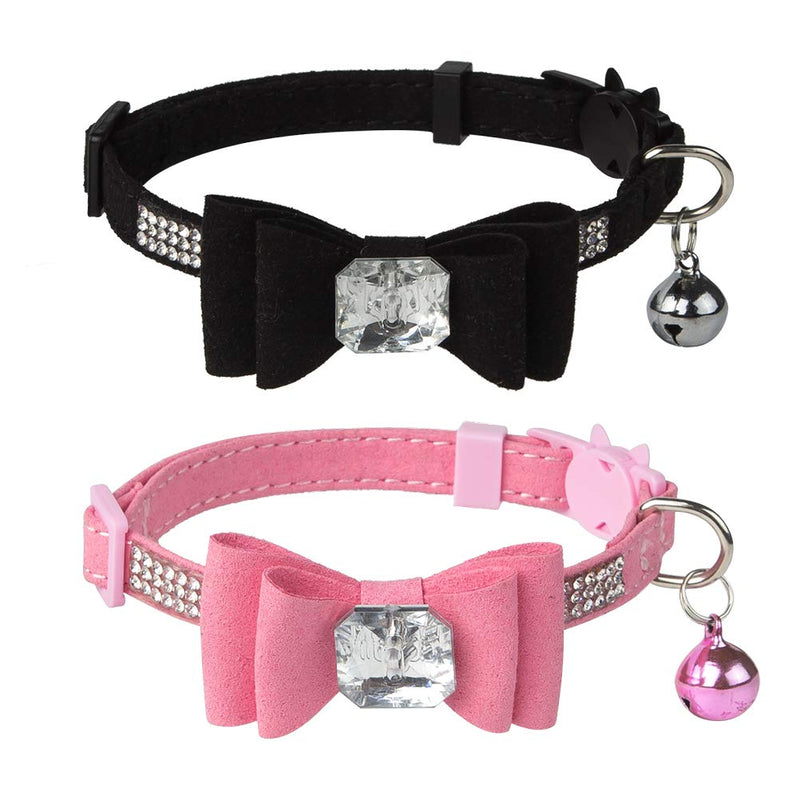 [Australia] - BINGPET Breakaway Cat Collar with Bowtie Diamonds and Bell Adjustable Safety for Puppy Kitten, Pink&Black (2 Pack) 