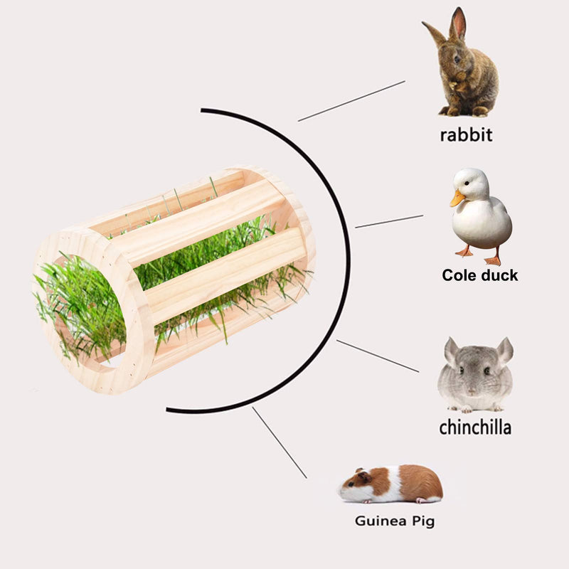 AHANDMAKER Rabbit Hay Feeder Rack, Natural Wooden Cylindrical Wall-Mountable Hay Manger for Small Animals, Bunny Feeder, Guinea Pig Food Bowl, Chinchilla Hay Bin - PawsPlanet Australia