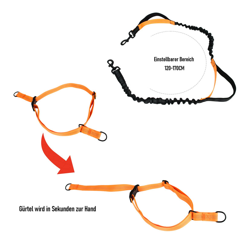Jogging waist belt dog leash large medium dogs 1.2-1.7 m, indestructible dog leash jogging reflective adjustable, extendable dog leash orange with bag - PawsPlanet Australia