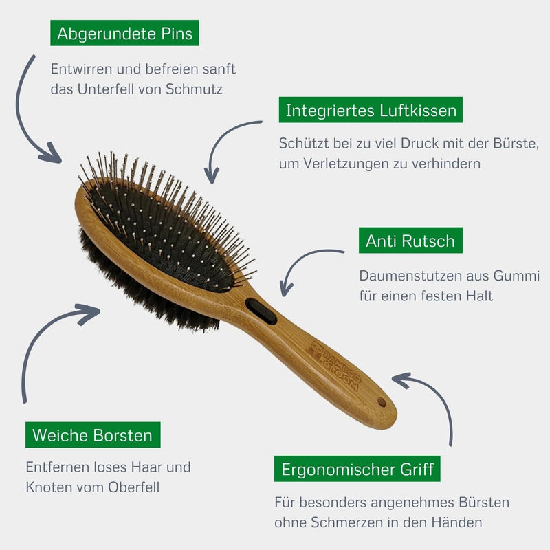 BAMBOO GROOM Combo Brush Size S/MI Double brush for animals with short & medium-length fur I Dog brush with rounded pins & wild boar bristles I Brushes for grooming I Brush for cats & dogs - PawsPlanet Australia