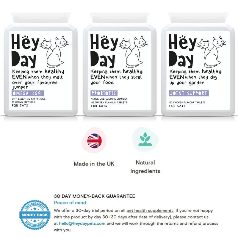 Hey Day Pets Cat Care Support Bundle - Cat Care Supplements - With Omega 3 6 9 + Probiotics - Active Culture Complex for Healthy Digestion, Skin & Coat - Essential for Cat Health (300 Tablets) - PawsPlanet Australia