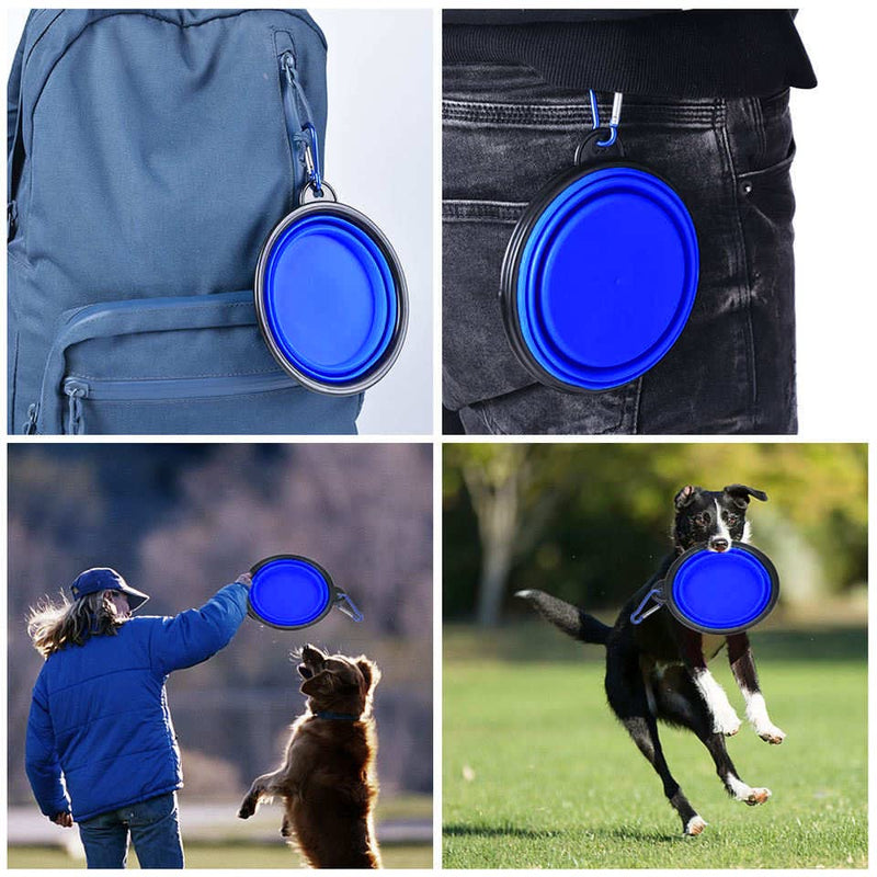 Collapsible Dog Water Bowl, Foldable Silicone Outdoor Travel Dog Food Water Feeding Bowl 650ml with Carabiner Clip | Easy to Carry, Food safe, Portable, Leak Proof, Durable |, Blue - PawsPlanet Australia