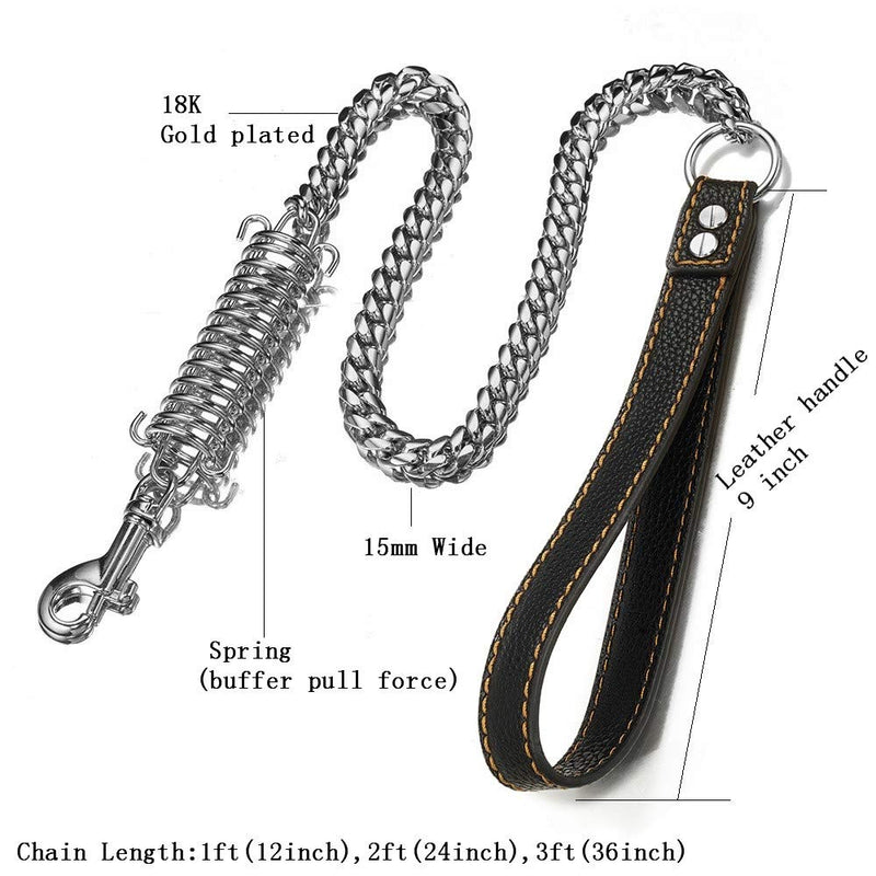 [Australia] - Aiyidi Dog Leashes Stainless Steel Strong Silver Dog Chain Leashes Labor-Saving, Safe, Wear-Resistant, Waterproof Dog Leashes 1FT, 2FT, 3 FT, Cuban Chain with Leather Handle 3ft (36inch) for Samll dog 