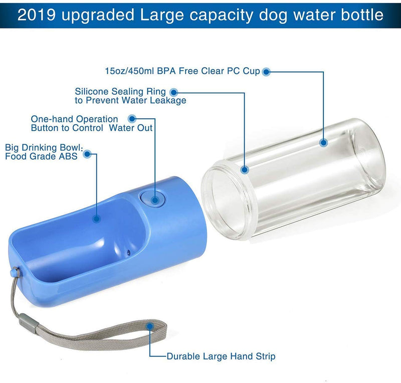 QQAPPU Dog Water Bottle for Walking, Pet Portable Water Dispenser Dogs Outdoor Drinking Bowl Travel Water Cup, 450ml/15.2oz Blue - PawsPlanet Australia