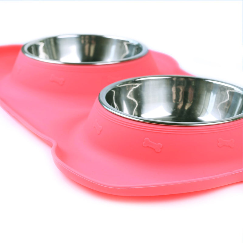 [Australia] - Vivaglory Dog Bowls Stainless Steel Water and Food Feeder with Non Spill Skid Resistant Silicone Mat for Pets Puppy Small Medium Dogs 6½ oz ea. Pink 