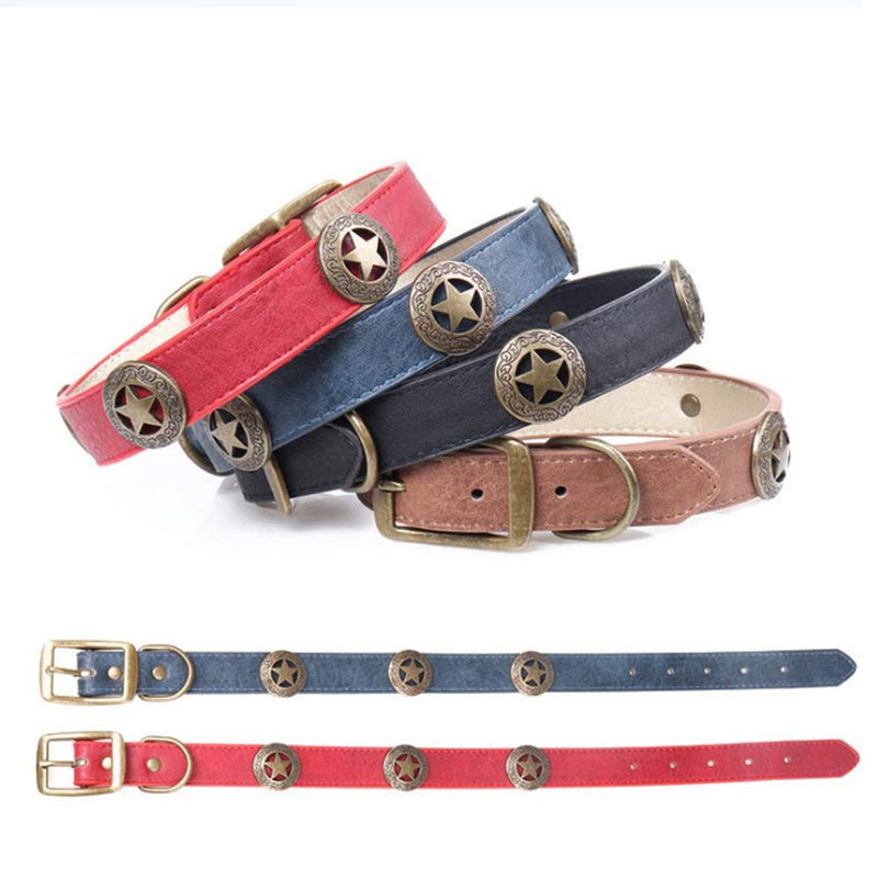 [Australia] - PU Leather Dog Collar Five-Star  Shield Pet Collar Durable Adjustable Collar for Medium Large Dogs Red 