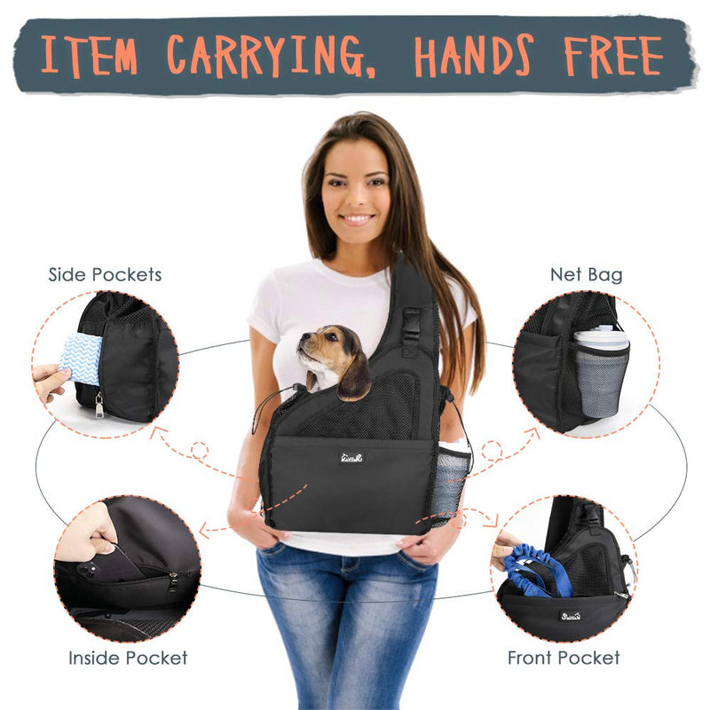 [Australia] - SlowTon Pet Dog Sling Carrier, Hands Free Papoose Small Animal Puppy Travel Bag Tote Breathable Mesh Hard Bottom Support Adjustable Padded Strap Front Pocket Safety Belt Machine Washable Black 