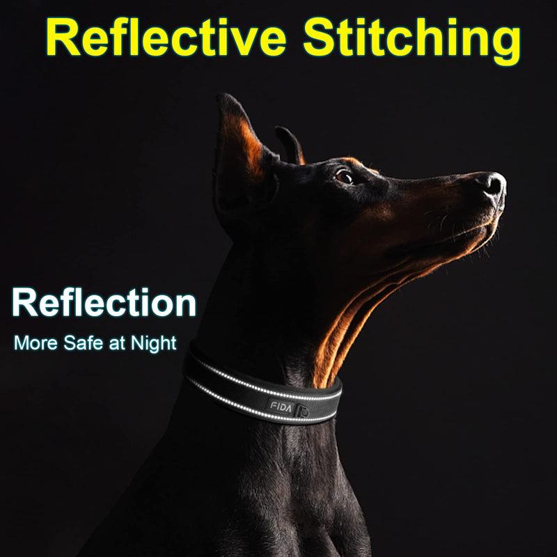 Fida Heavy Duty Dog Collar, Ultra Comfortable Soft Neoprene Padded, Adjustable Reflective Nylon Pet Collar with Durable Metal Belt Buckle for Small/Medium/Large/X-Large Breeds Small(11”-14.5“) Black - PawsPlanet Australia