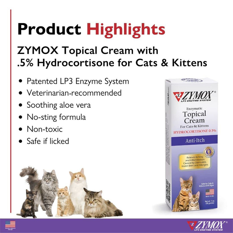 Zymox Enzymatic Anti-Itch Topical Cream with 0.5% Hydrocortisone for Cats & Kittens, 1 oz. – Multi-Purpose Cream for Hot Spots, Itchiness, Rashes, Skin Irritation, Allergies & Insect Bites - PawsPlanet Australia