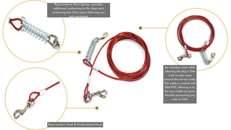 Heavy Duty Dog Tie Out Cable and Stake - Bundle: 5m Heavy Duty Tie Out Cable, Spiral Ground Stake, Cleaning Cloth, Storage Bag - PawsPlanet Australia