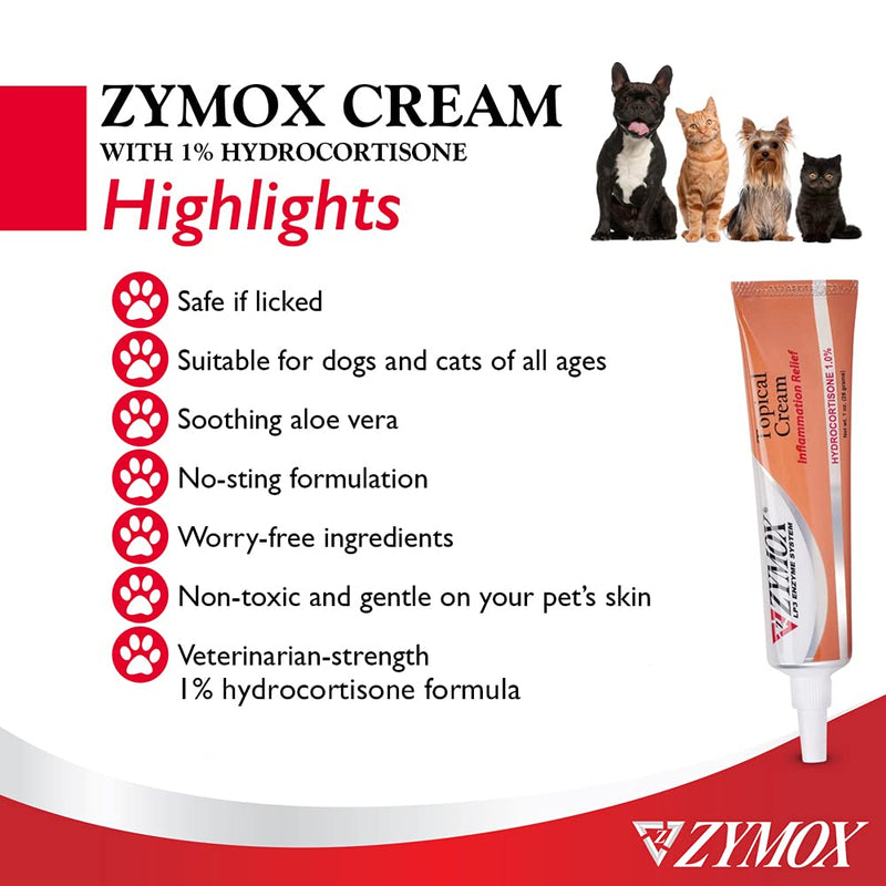 Zymox Veterinarian Strength Topical Cream with 1% Hydrocortisone for Dogs and Cats, 1oz - PawsPlanet Australia