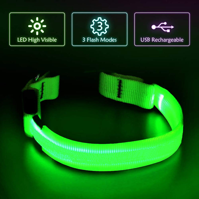 [Australia] - BSEEN Nylon LED Dog Collar - USB Rechargeable Adjustable Glowing Pet Collar, Light Up Puppy Collars for Nighttime Dog Walking Small Collar [15-18.9inch/38-48cm] Neon Green 