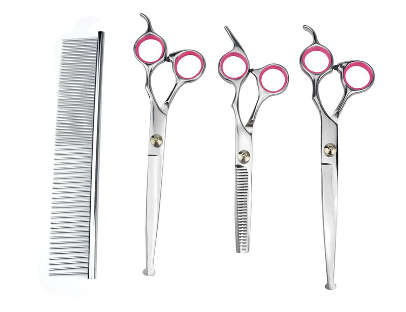 [Australia] - LILYS PET 7.0"/7.5" Round-TIP Safety Professional Stainless Steel PET Dog Cat Grooming Scissors Set,Pink Ring, Cutting&Curved&Thinning Shears Set 3+1 PCS 7.0" 