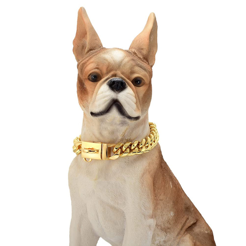 AAAbling Dog Collar 14mm Collar with Lock Buckle 18K Gold Cuban Link Dog Collars Heavy Duty Stainless Steel Metal Collar for Small Medium Dogs 10in to 26in 12" - PawsPlanet Australia