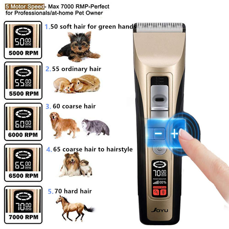 Dog Grooming Clippers 5-Speed Professional Cordless Pet Hair Clippers Trimmer Kit Heavy Duty,Low Noise Rechargeable Electric Cat Grooming Tools for Thick Coats,Large Dogs with Intelligent LCD Reminder - PawsPlanet Australia