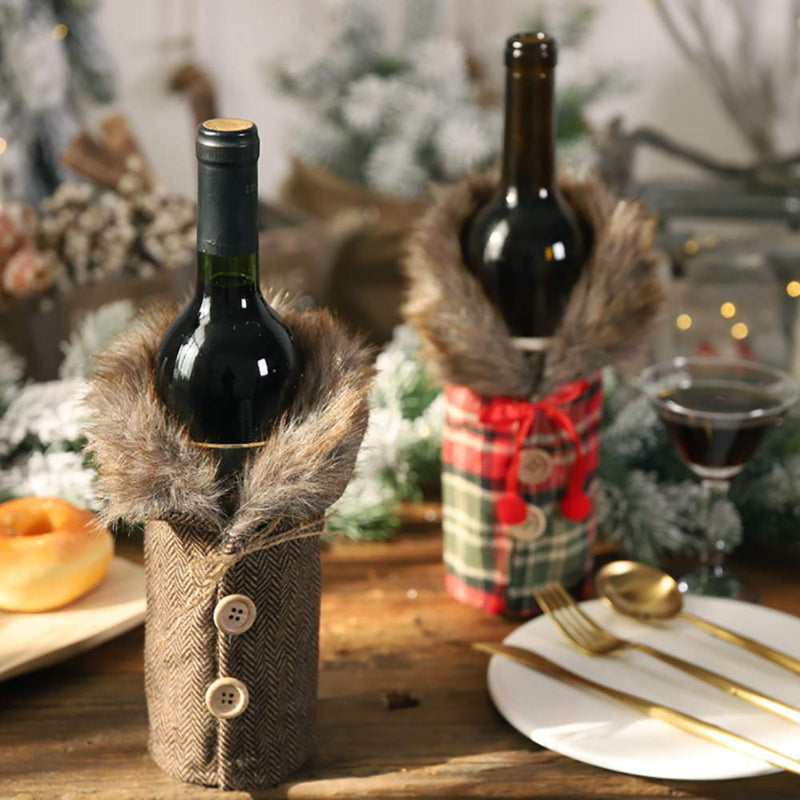 SCXCOPIDO Christmas Sweater Wine Bottle Cover,Xmas Party Dinner Table Decorations,Collar & Button Coat Design Wine Bottle Sweater 2pcs - PawsPlanet Australia