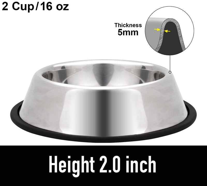 Taglory 2 Pack 2/ 3.5/ 6 Cup Stainless Steel Dog Bowls, Pet Food and Water Bowl with Non-Slip Rubber Base for Small Medium Large and Extra Large Dogs 2 Cup/16 oz Thick Silver (5 mm) - PawsPlanet Australia