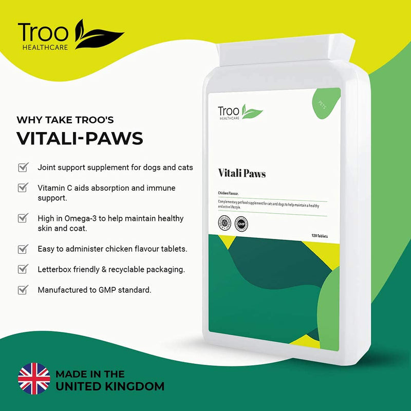 Troo Health Care Vitali-Paws Dog Joint Support Supplement for Pets - 120 Tablets | Chondroitin, MSM, Green Lipped Mussel, Glucosamine for Dogs and Cats | Yummy Chicken Flavour - UK Manufactured - PawsPlanet Australia