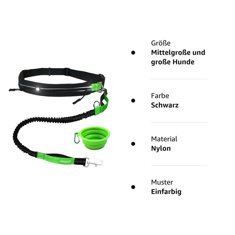 Quiet green jogging leash for large dogs | Freehand leash for jogging with waist belt and shock absorber | Length 125 cm to 175 cm | Color: Black Jogging Leash Set - Large Dogs - PawsPlanet Australia