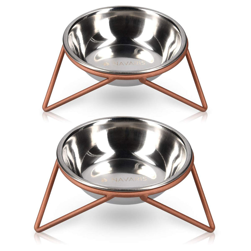 Navaris Stainless Steel Pet Bowls - Set of 2 Small Drinking and Feeding Dishes (350ml Each) for Dogs and Cats with Copper Finish Stands - 63mm Tall 2x S - PawsPlanet Australia