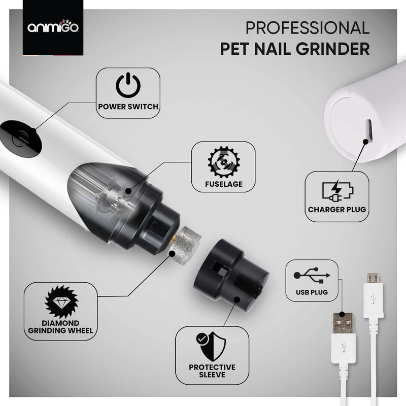 Animigo Dog Nail Grinder - 50DB Low Noise Dog Nails Clippers - Pet Nail Filer For Large, Medium, Small Dogs & Cats - Rechargeable & Long Battery Life - Electric Nail File - Stress-free Pet Grooming - PawsPlanet Australia