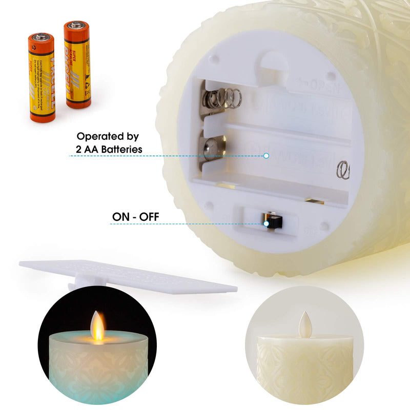 Flameless Candle, Real Wax LED Candle, Safety RGB Light, Run by 2 AA Batteries(not Included), Ivory Wax, D: 3.2'', H: 6.3'', Floral Pattern, Dancing Flame, Remote to Multi Color, 4H 8H Timer, Flicker D: 3.2'' x H: 6.3'' - PawsPlanet Australia