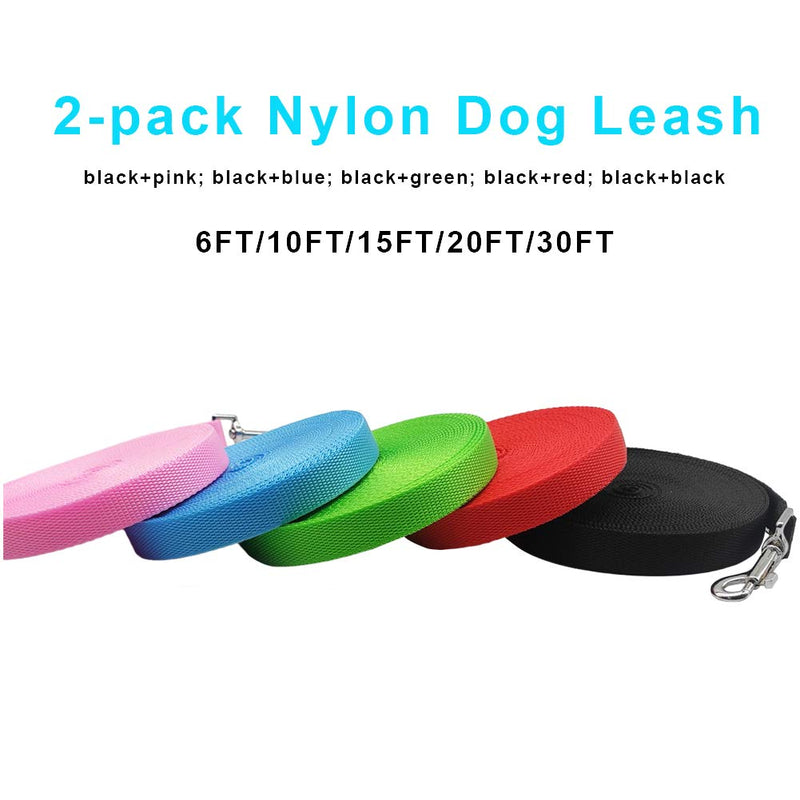 SEPXUFORE 2-Pack Nylon Dog Leash 6FT, 10FT, 15FT, 20FT, 30FT, Recall Training Agility Lead Long Leash for Dog Walking, Camping, Exploring, Playing, Backyard black + black - PawsPlanet Australia