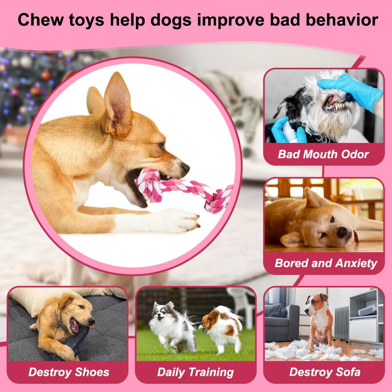 SZEE Dog Rope Toys, 3 Knots Chew Rope Toy for Medium and Small Dogs, Natural Cotton Dog Pull Rope for Tug of War and Teeth Cleaning (Pink) Pink - PawsPlanet Australia