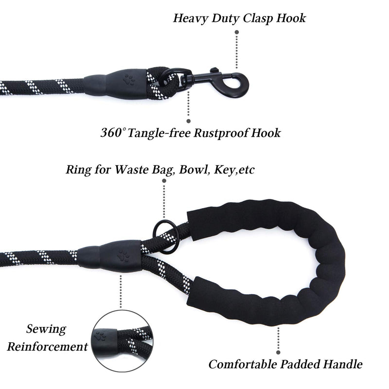 [Australia] - D-buy Reflective Strong Rope Dog Leash with Comfortable Padded Handle Heavy Duty Metal Clasp for Dogs for Pets (5 FT) Large Collar + 5 FT Leash Black 