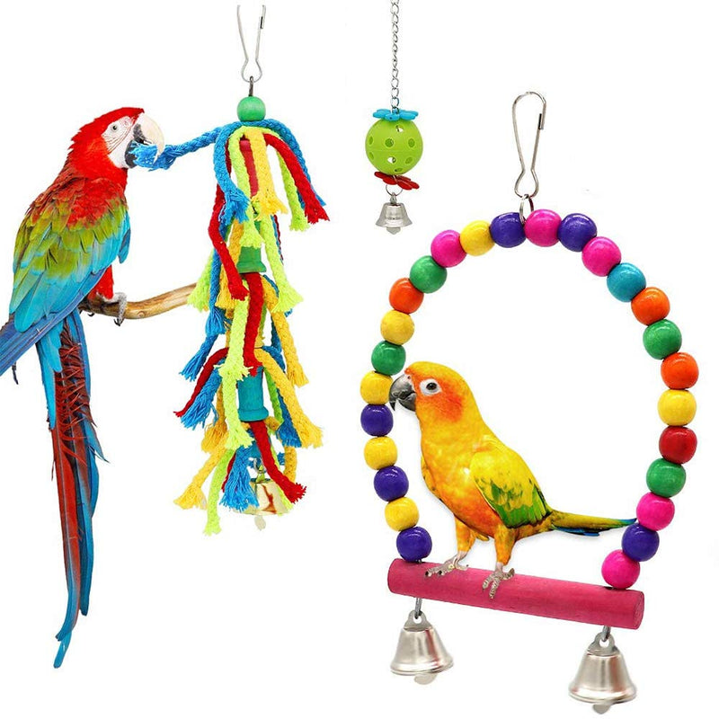 Dofyou 6pcs Bird Parrot Toys Hanging Bell Chewing Natural Wood and Rope Bungee Bird Toy for Small Parakeets Cockatiels, Conures, Macaws, Parrots, Love Birds, Finches - PawsPlanet Australia