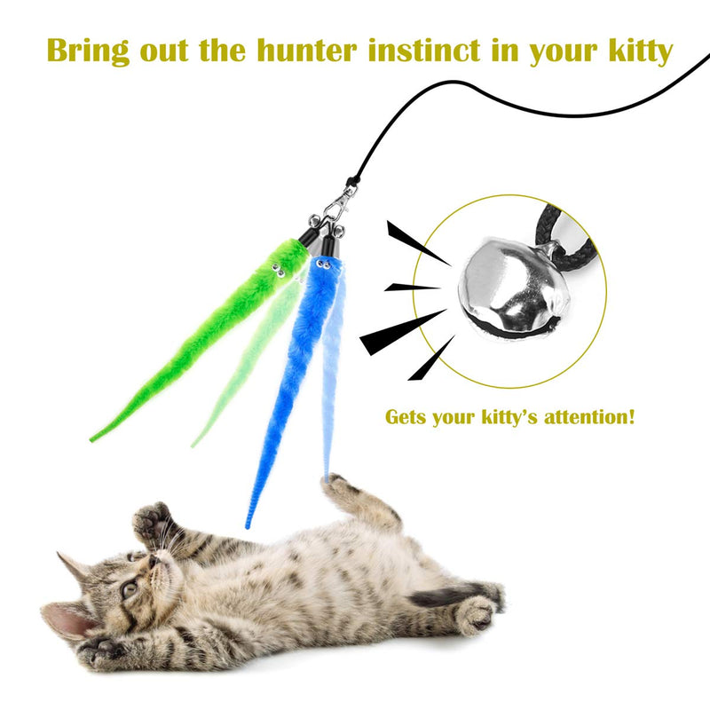 Cat Feather Toys Attachment Replacements, 10PCS Squiggly Worm Toy Refills and 1PC Replacement Black String for Cat Wand Toy and Cat Chaser Toy, Assorted Teaser Refills with Bell for Indoor Cats Kitten - PawsPlanet Australia