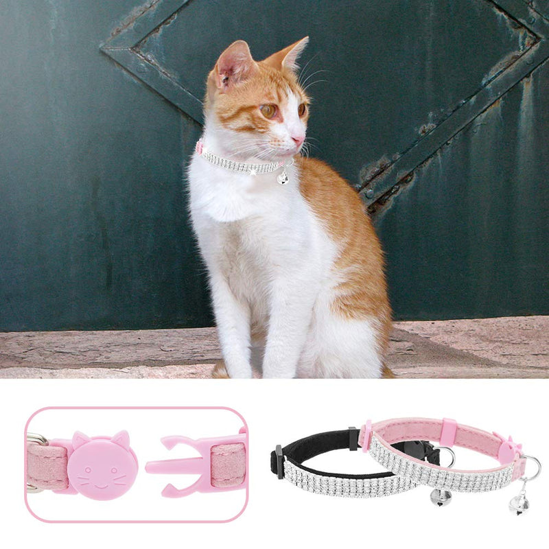 EXPAWLORER Cat Collar Breakaway with Bells - 2 Pack Rhinestones Bling Diamante Collars - Soft Velvet Safe Adjustable Shing Collar for Cats Kitty Girls and Small Dogs Black + Pink - PawsPlanet Australia