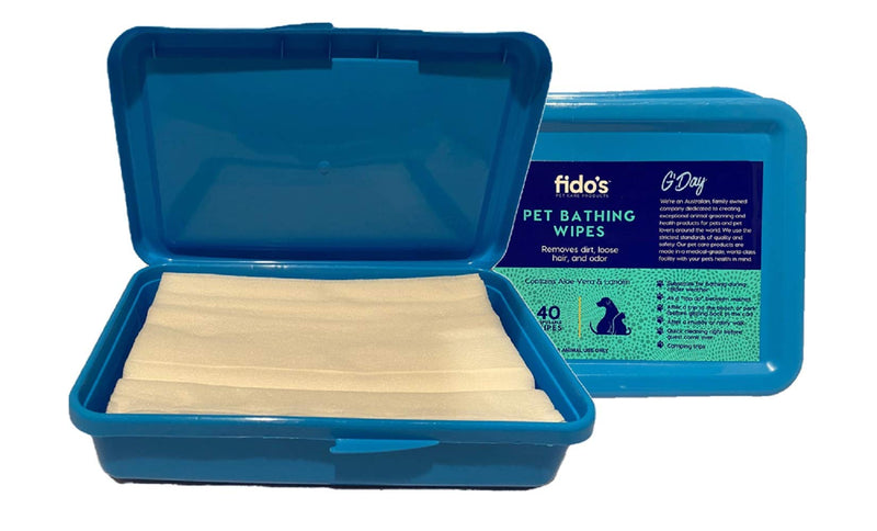 [Australia] - Fido's Bathing Wipes; for Dogs, Cats & Domestic Pets, Aloe Vera & Lanolin Blend, Biodegradable & Hypo-allergenic, Cleans and Moisturizes Skin & Coat and Smells Fresh, Quick & Easy (Pack of 40 Wipes) 