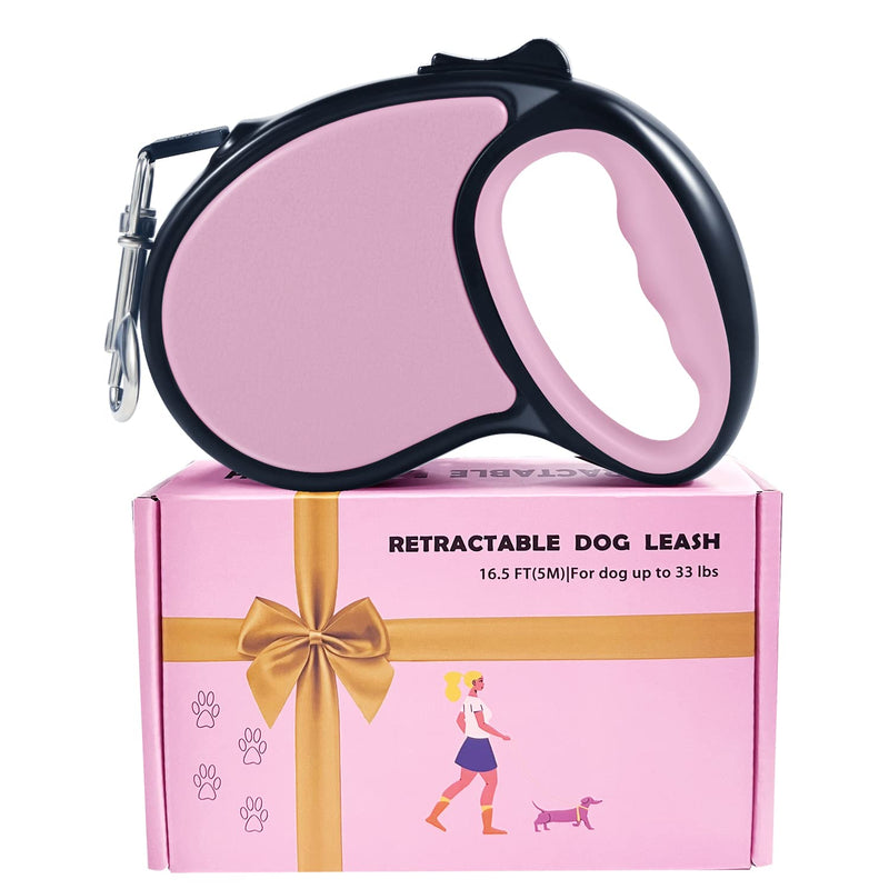 Retractable Dog Lead, ANCOOLE 5M/16FT Extendable Dog Lead 360°Tangle-Free Smooth&Durable Nylon Tape with Anti-Slip Handle, One-Handed Brake for Small Medium Dogs(Pink) Pink - PawsPlanet Australia