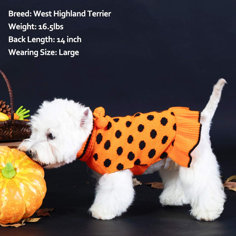 kyeese Dog Sweater Dress Turtleneck Polka Dot Dog Sweaters Knitwear Warm Pet Sweater with Pom Pom Ball X-Small Polkadot (Orange) - PawsPlanet Australia