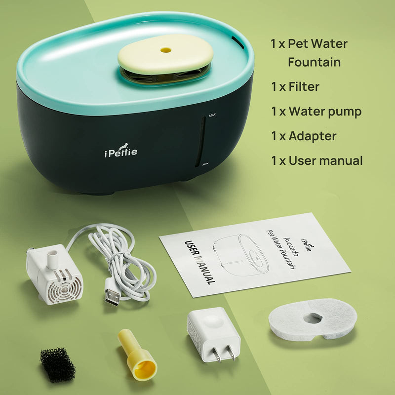 iPettie Avocado Pet Water Fountain with LED Light, 67oz/2.0L, Ultra Quiet Cat Water Fountain with Filter, Automatic Pet Water Fountain for Cats and Small Dogs, Blue Blue (with Adapter) - PawsPlanet Australia