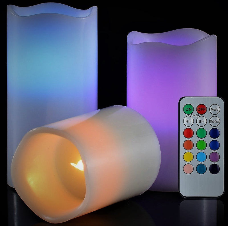 LED Multi Colored Flameless Candles Battery Operated, 3 Round Ivory Wax with Multi-Function Timer Remote Control, Flickering Flame Candle Set for Room Decor for Teen Girls Set of Three Round - PawsPlanet Australia
