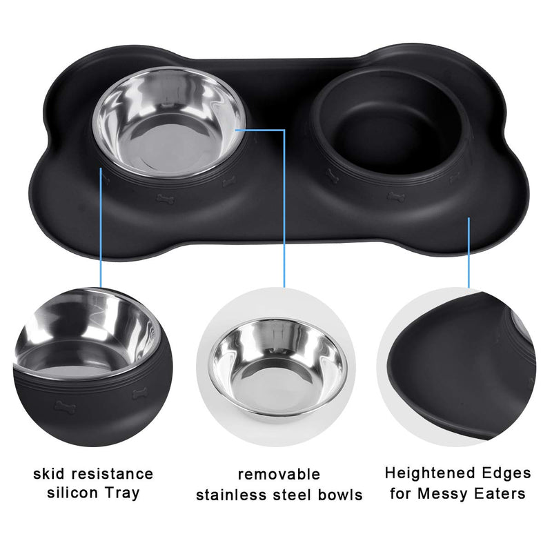 Double Dog Bowls- Stainless Steel 2 x 350ml Puppy Water and Food Bowl with Non-skid Anti-overflow Silicon Tray Mat for Puppy Dogs, With Pet Food Shovel Black S(2 x 350 ml) - PawsPlanet Australia