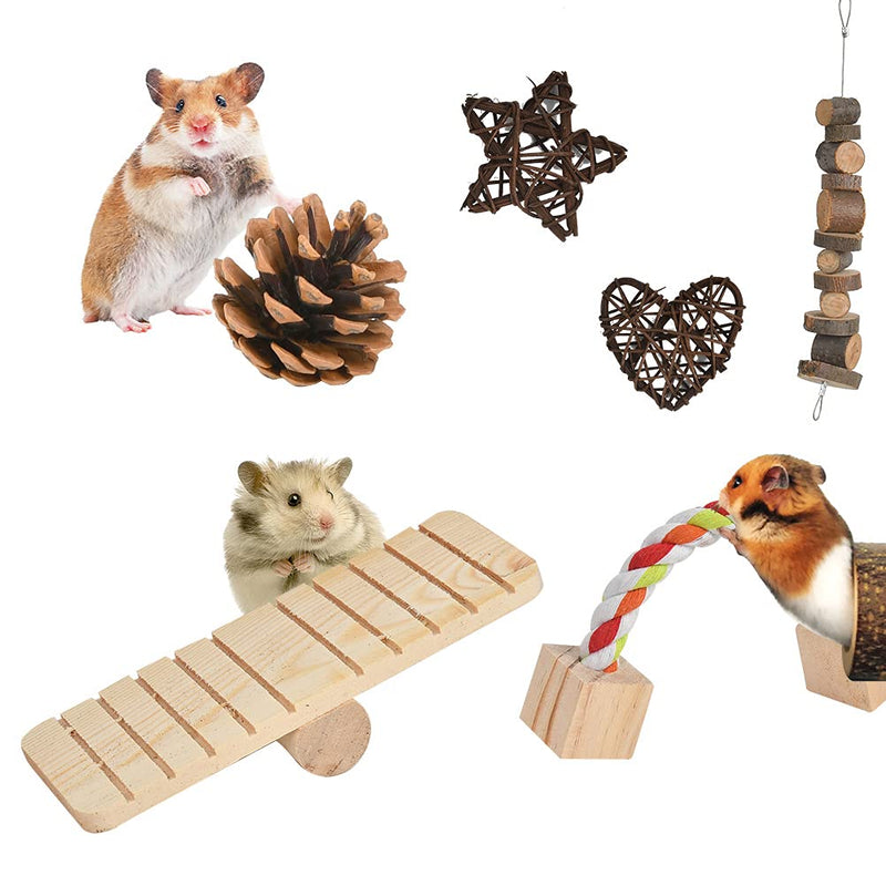 BUYGOO 14 Pack Hamster Chew Toys,Natural Wooden Pine Guinea Pigs Rats Chinchillas Toys Accessories,Dumbbells Exercise Bell Roller Teeth Care Molar Toy for Hamster Rabbits Gerbil Parrot - PawsPlanet Australia