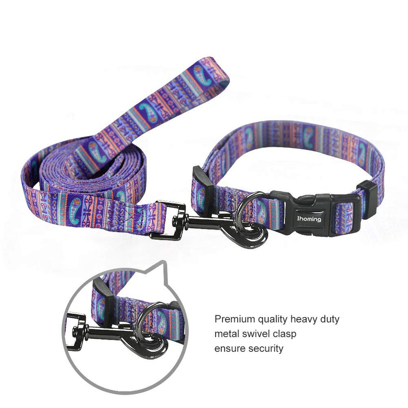 [Australia] - Ihoming Dog Collar and Leash Combo in Bohemia, Morocco, Floral and Dot Style Fit Small, Medium and Large Pet L-Up to 85 LBS Paisley-Purple 