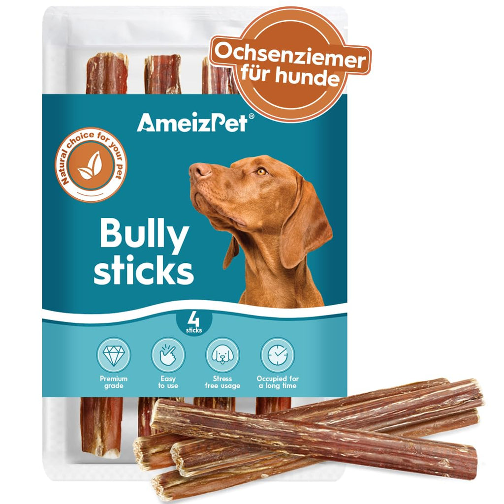 AmeizPet Bully Pizzle Sticks for Dogs and Puppies, Pack of 4, Chew Sticks Ox Pizzle for Large Dogs, Natural Tooth Ox Pizzle Sticks, Chew Snacks for Dogs for Training, 12 cm (4.7") 4 Pieces (Pack of 1) - PawsPlanet Australia
