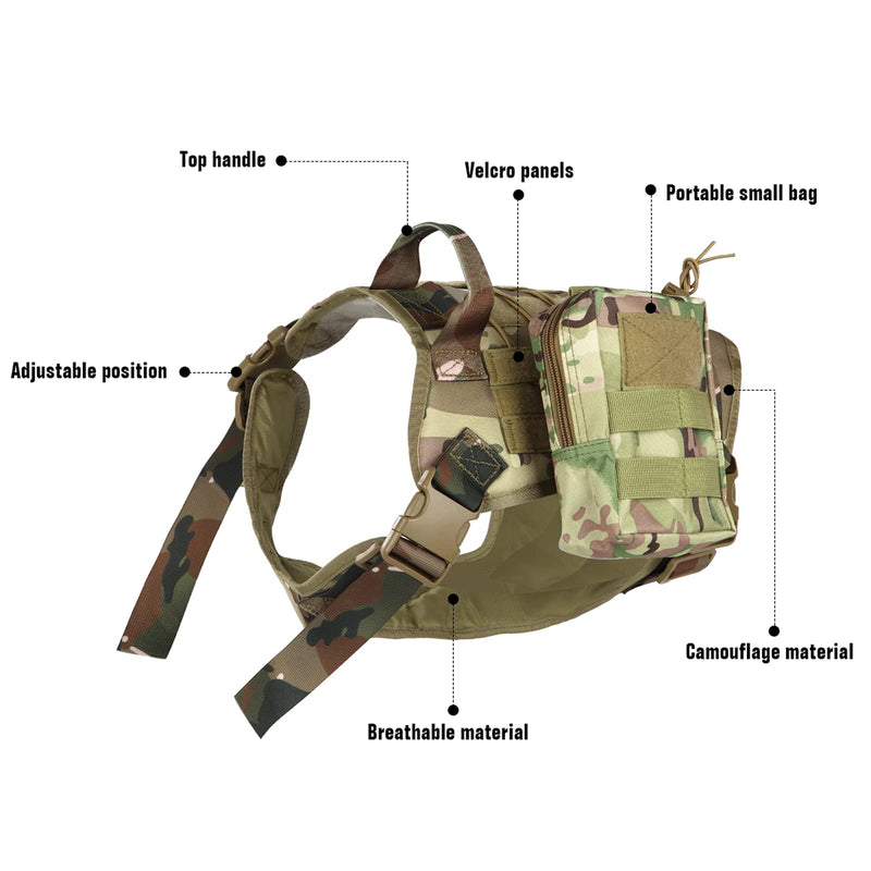 Pruk Tactical Dog Harness Set, K9 Dog Harness Military Dog Vest Collar Leash with Molle Pouch and Patch, No Pull Tactical Dog Vest for Large Dog, Service Dog Harness for Training Hiking(Camo, M) Camo M(Neck: 19"-29", Bust: 19"-27") - PawsPlanet Australia