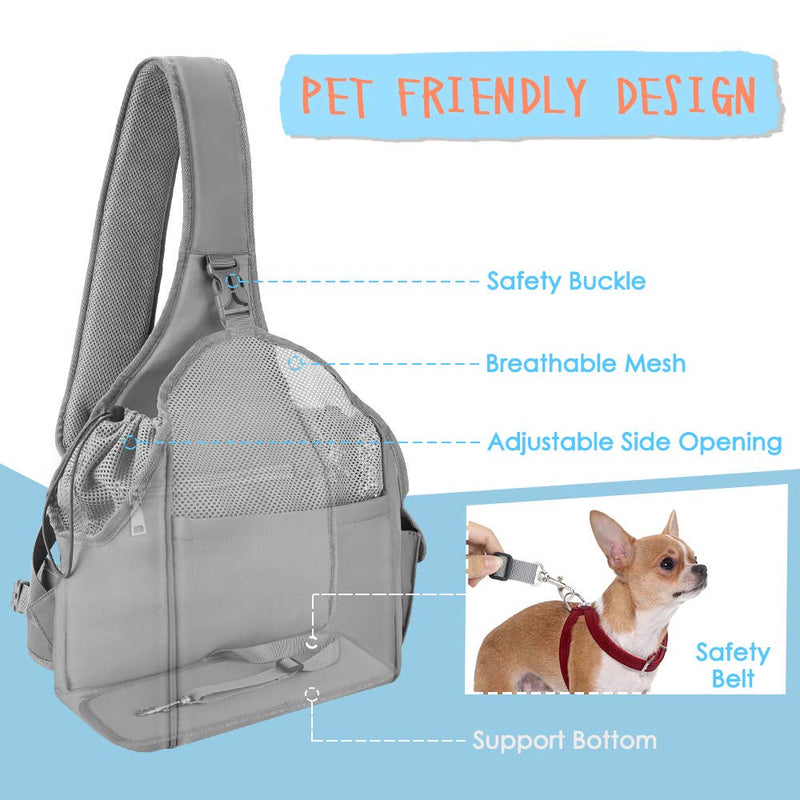 SlowTon Pet Dog Sling Carrier, Comfortable Firm Bottom Sling for Small Dogs Cats Hand Free Breathable Papoose Travel Bag Tote Adjustable Padded Shoulder Strap Storage Pockets Safety Belt Washable Grey - PawsPlanet Australia