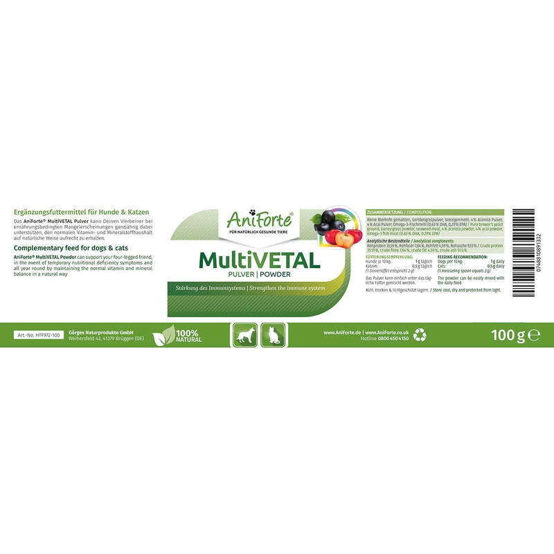 AniForte MultiVitamin MultiVETAL Powder 100g: Natural Vitamin Supplement for Dogs & Cats - Contains 13 Vitamins & 11 Minerals, Including Vitamin B Complex, B1, B2,B5, B6, B12, A, C, D, E, K, Omega 3 - PawsPlanet Australia