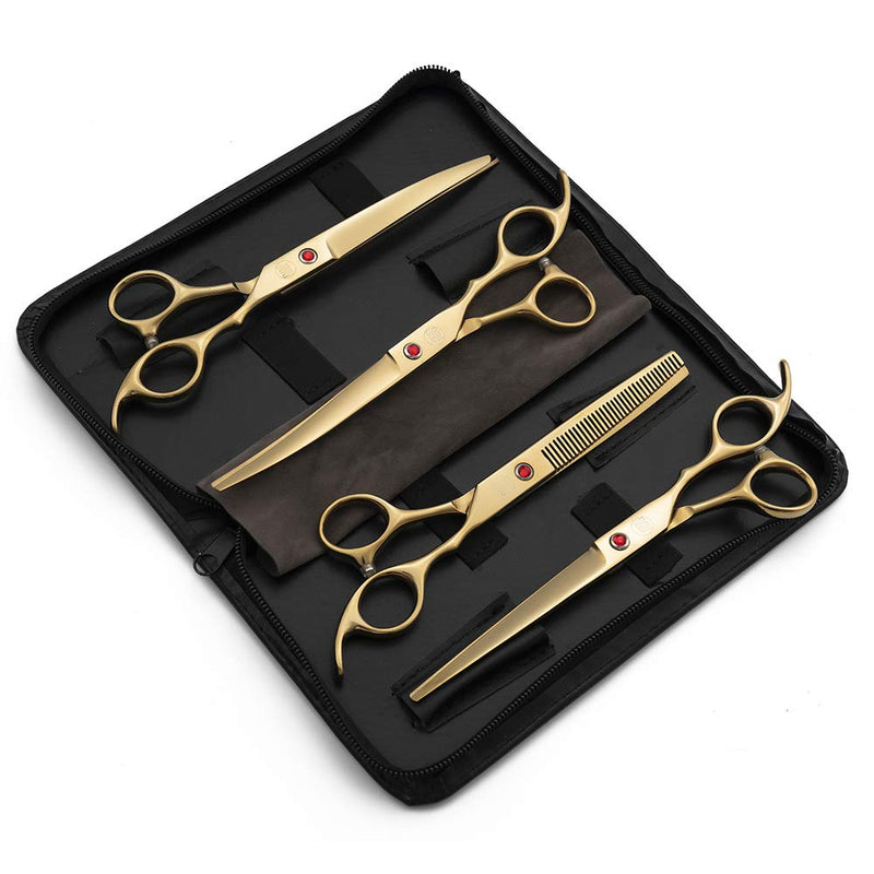 [Australia] - Moontay Professional 7.0/8.0 inches Dog Grooming Scissors Set, 4-Pieces Straight, Upward Curved, Downward Curved, Thinning/Blending Shears for Dog, Cat and Pets, JP Stainless Steel 7.0 inches Gold 