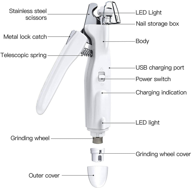 PewinGo Pet Nail Clippers and Grinder Set All-in-One with Ultra Bright LED Light for Bloodline, Vets Recommended Trimming Tool for Dogs and Cats - White - PawsPlanet Australia