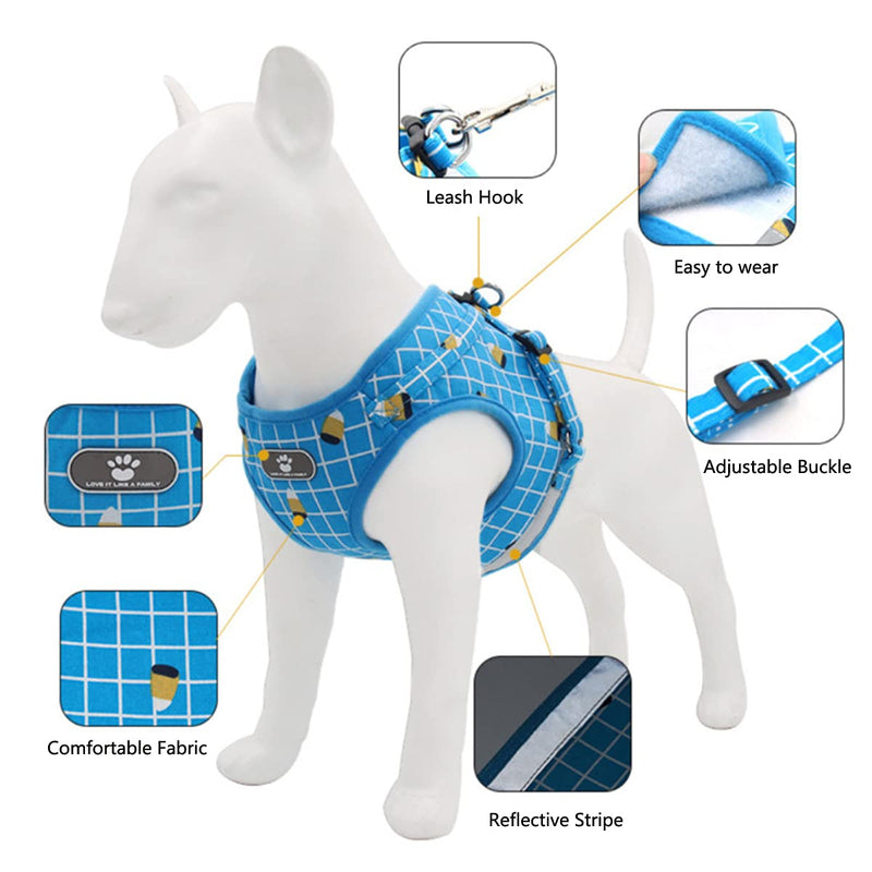 Tineer Pet Breathable Soft Mesh Harness Vest Reflective Plaid Padding Vest Training Dog Harness and Leash Set Easy Fit for Puppy and Medium Dogs (XS, Blue) XS - PawsPlanet Australia