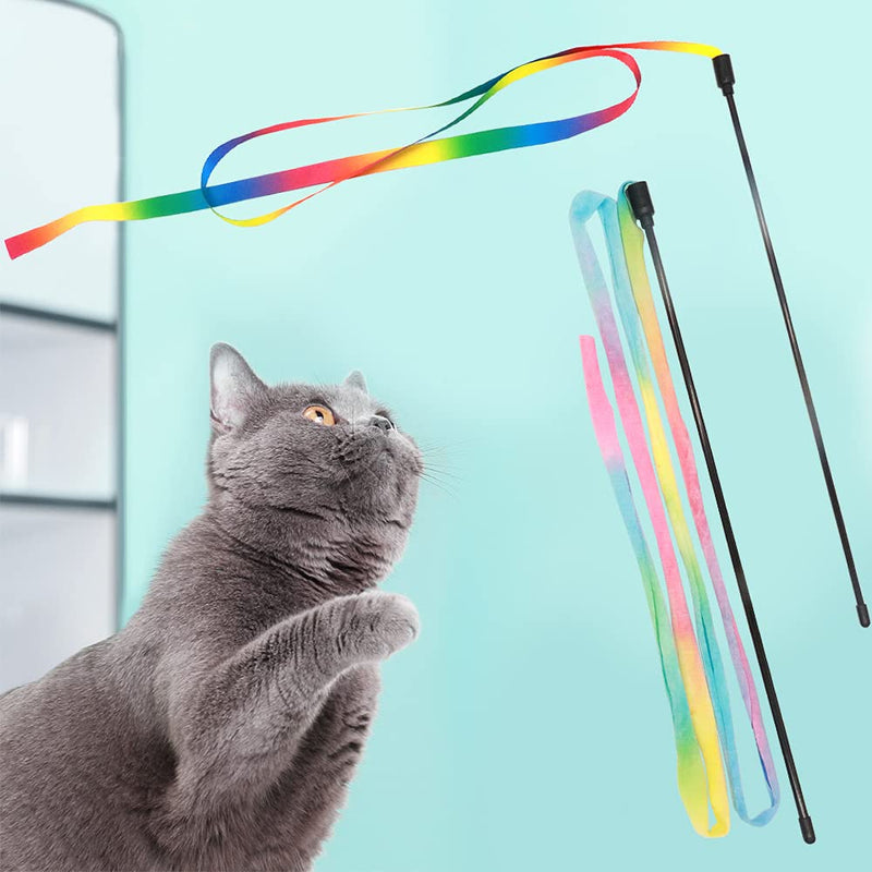 Interactive Cat Rainbow Wand Toys, Interactive Cat Teaser Wand String, Colorful Ribbon Charmer for Kittens - 2 PCS - PawsPlanet Australia