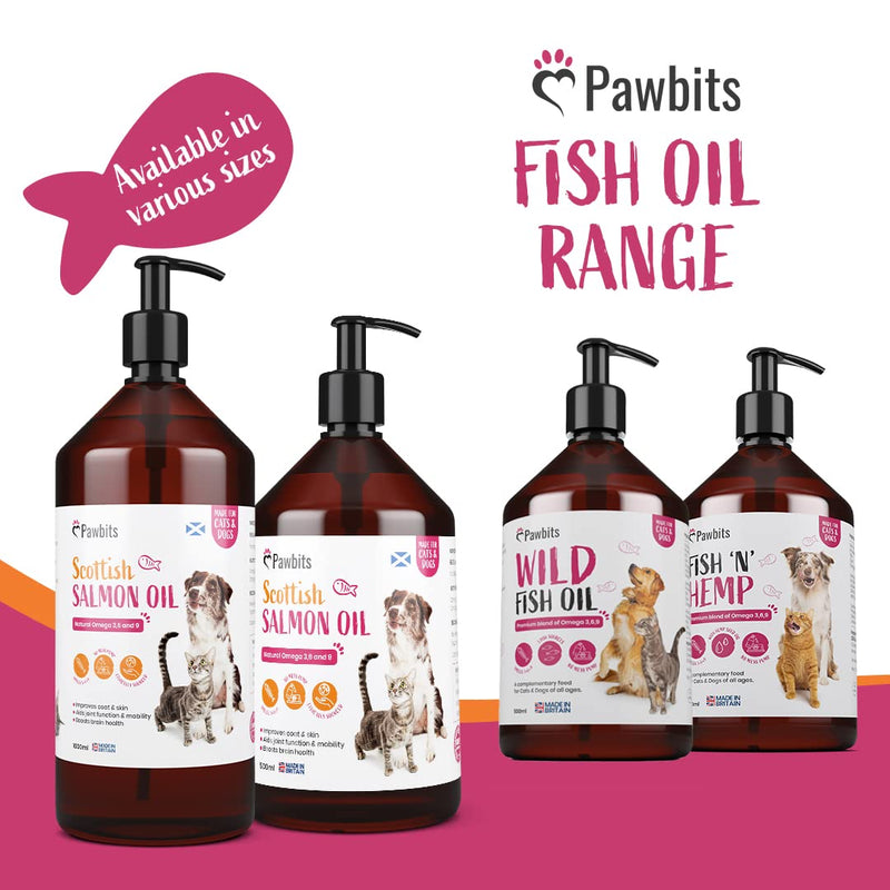 Pawbits 1 Litre Scottish Salmon Oil For Cats & Dogs - Natural Omega 3+6+9, Healthy Coat & Immune System Fish Oil 1 l (Pack of 1) - PawsPlanet Australia